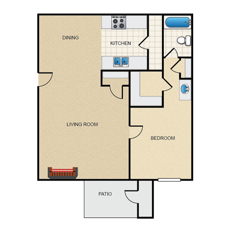 Floor plan for 1 bed, 1 bath, 625 sqft
